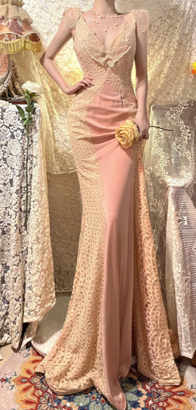 Charming Mermaid V Neck Satin Lace Beaded Without Sleeves Long Prom Dress, Evening Dress C6716