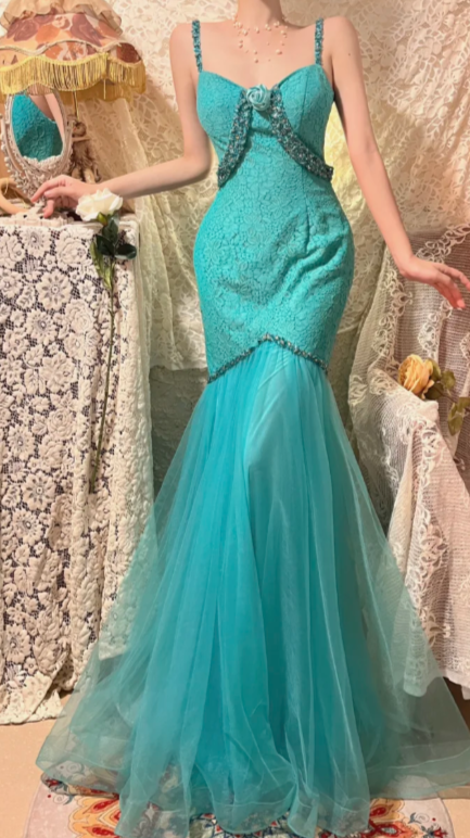 Chic Mermaid Spaghetti Straps Tulle Lace Beaded Without Sleeves Long Prom Dress, Evening Dress C6717