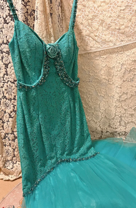 Chic Mermaid Spaghetti Straps Tulle Lace Beaded Without Sleeves Long Prom Dress, Evening Dress C6717