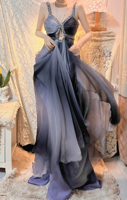 Gradient A Line Spaghetti Straps Chiffon Beaded Without Sleeves Long Prom Dress, Evening Dress C6718