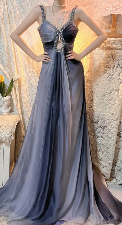 Gradient A Line Spaghetti Straps Chiffon Beaded Without Sleeves Long Prom Dress, Evening Dress C6718