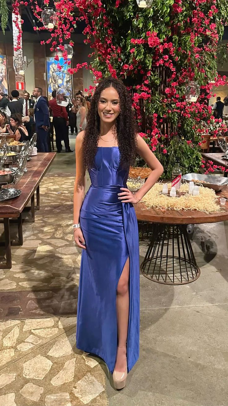 Chic Mermaid Strapless Satin Slit Long Prom Dress, Evening Dress C6725