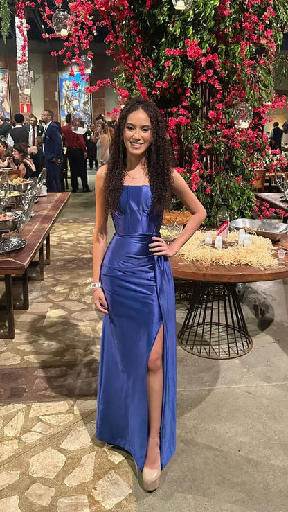 Chic Mermaid Strapless Satin Slit Long Prom Dress, Evening Dress C6725