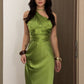 Robe de bal longue asymétrique en satin vert sirène, référence C6731