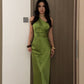 Robe de bal longue asymétrique en satin vert sirène, référence C6731