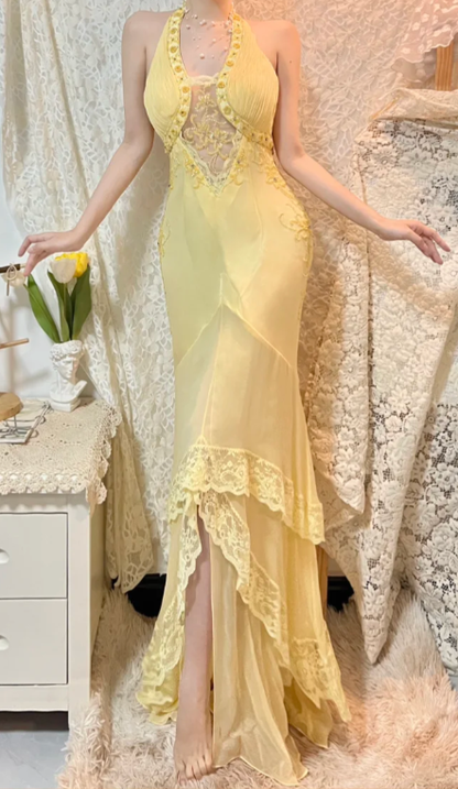 Robe de bal longue sirène jaune pastel en mousseline et dentelle, modèle C6732