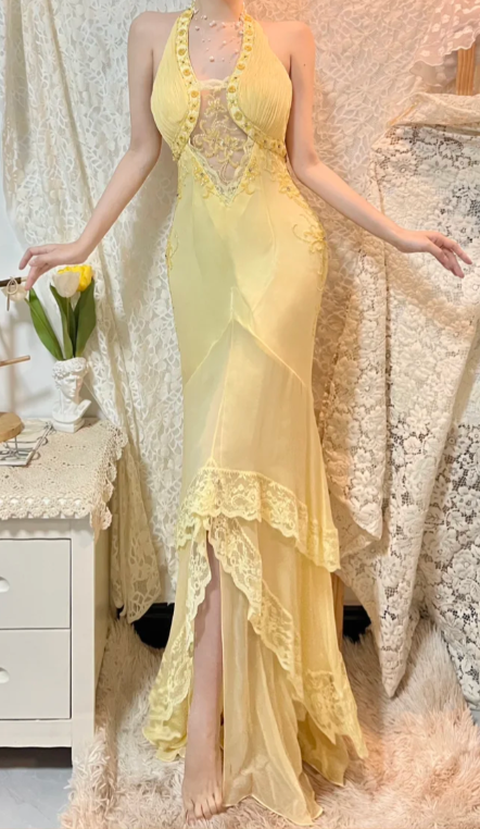 Robe de bal longue sirène jaune pastel en mousseline et dentelle, modèle C6732