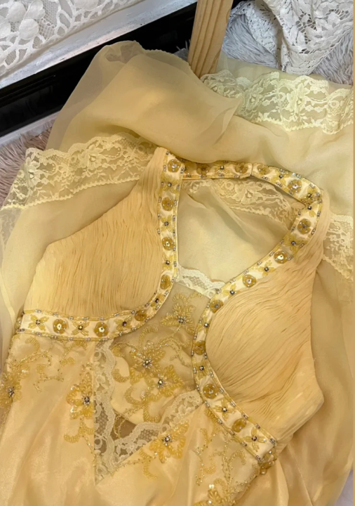 Robe de bal longue sirène jaune pastel en mousseline et dentelle, modèle C6732