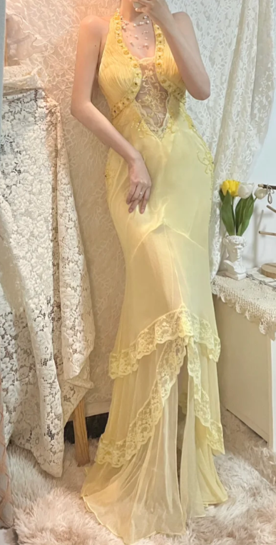 Robe de bal longue sirène jaune pastel en mousseline et dentelle, modèle C6732