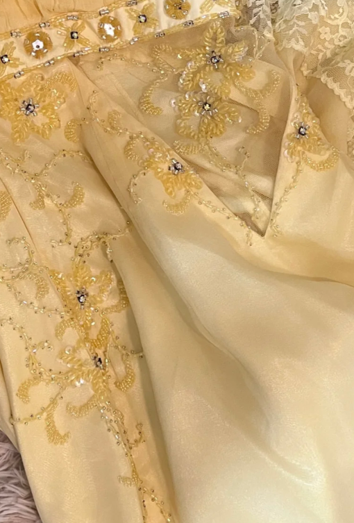 Robe de bal longue sirène jaune pastel en mousseline et dentelle, modèle C6732
