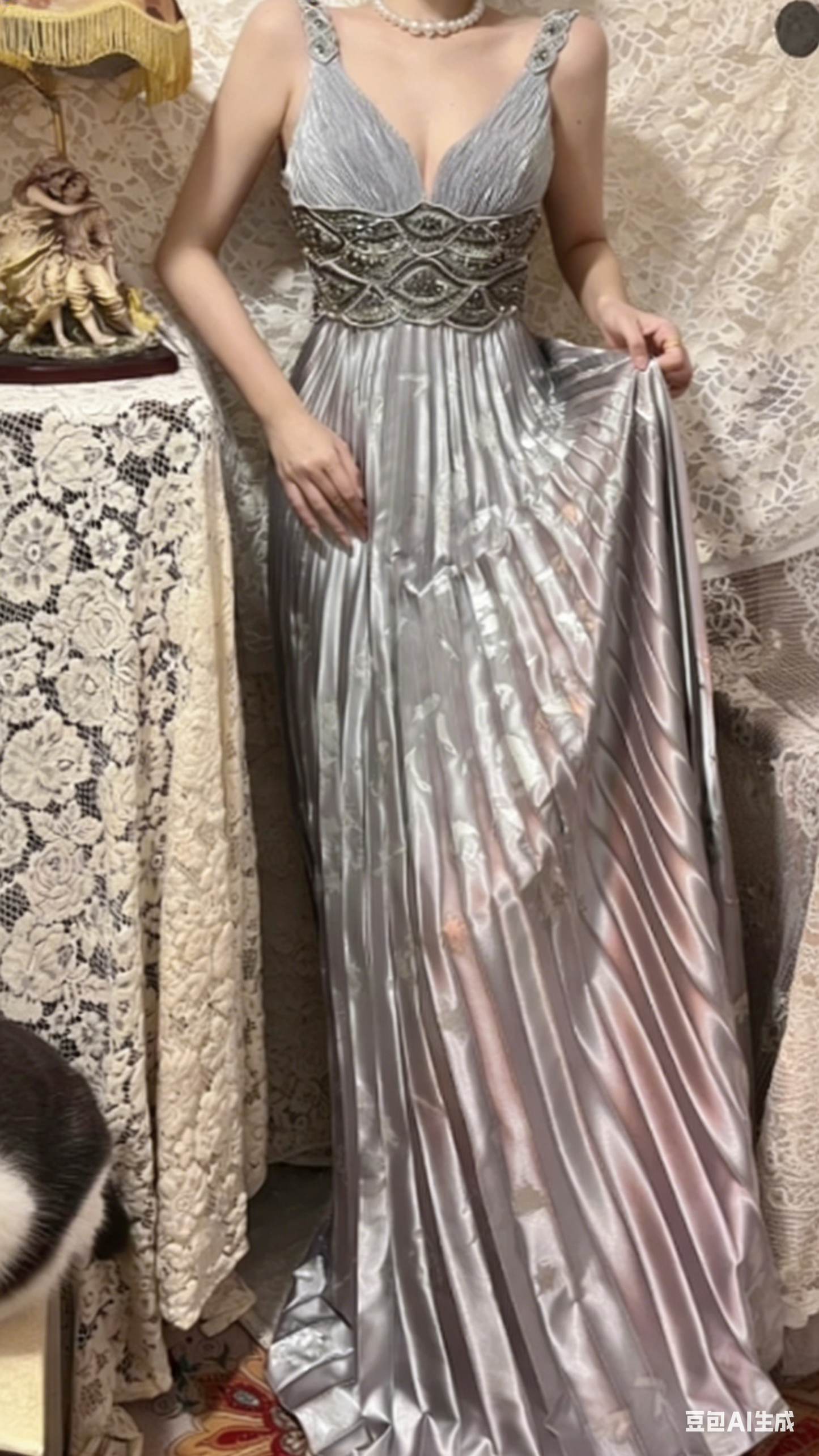 Robe de bal longue grise en satin à sequins et col en V, coupe trapèze, référence C6736