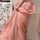 Robe de bal longue élégante en mousseline pêche à fines bretelles et coupe trapèze, référence C6737
