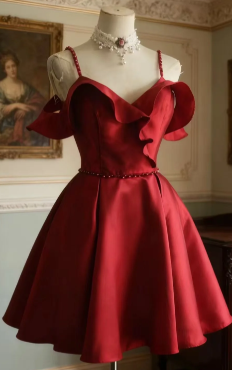 Pretty Burgundy A Line Spaghetti Straps Satin Short Homecoming Dress 19th Birthday Outfits C6739