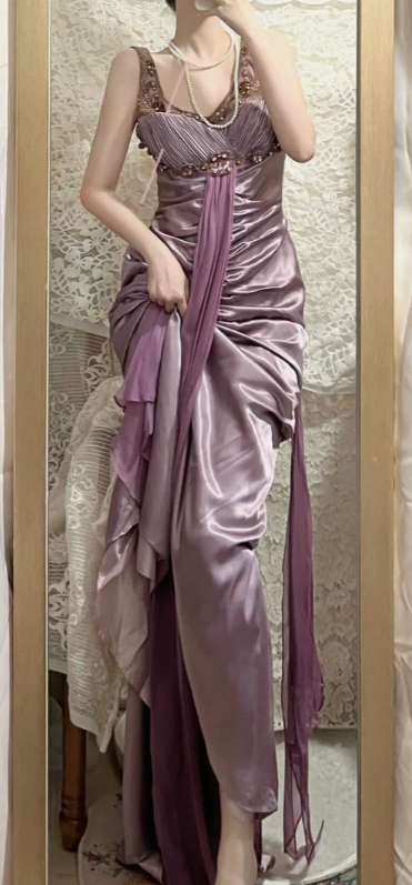 Robe de bal longue sirène charmante en satin et mousseline ornée de perles, robe de soirée C6742