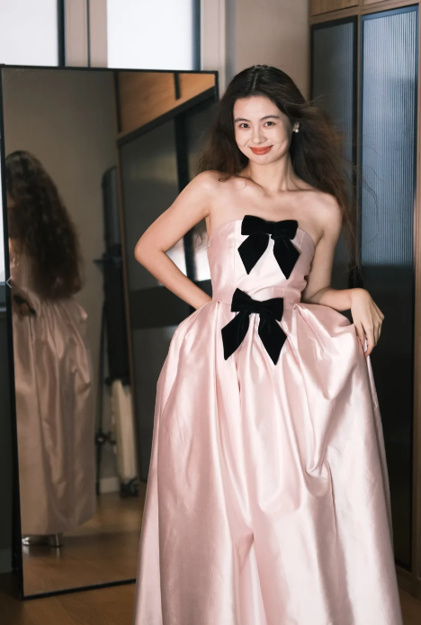 Robe de bal longue rose poudré sans bretelles en satin avec nœud, coupe trapèze, robe de soirée C6744