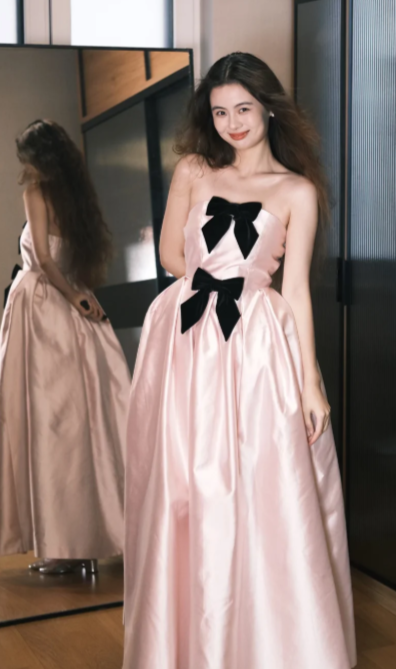 Robe de bal longue rose poudré sans bretelles en satin avec nœud, coupe trapèze, robe de soirée C6744