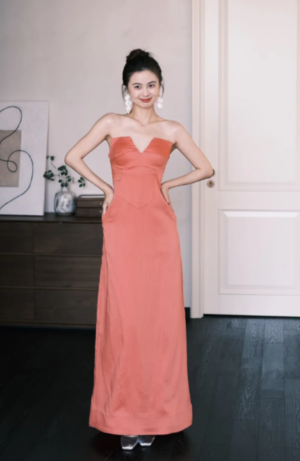 Robe de bal longue bustier en satin, coupe trapèze élégante, robe de soirée C6746