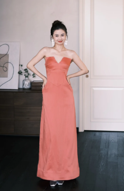 Robe de bal longue bustier en satin, coupe trapèze élégante, robe de soirée C6746