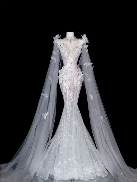 Robe de bal longue sirène en tulle blanc à sequins et perles, robe de soirée C6754