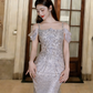 Robe de bal longue sirène en tulle et perles, épaules dénudées, modèle C6757