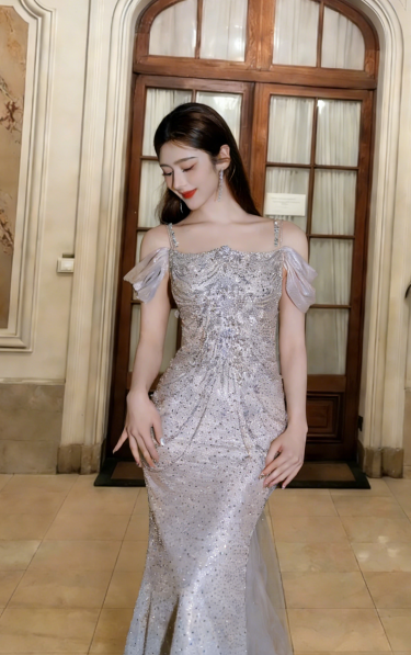 Robe de bal longue sirène en tulle et perles, épaules dénudées, modèle C6757
