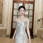 Robe de bal longue en satin à fines bretelles, style sirène, référence C6758
