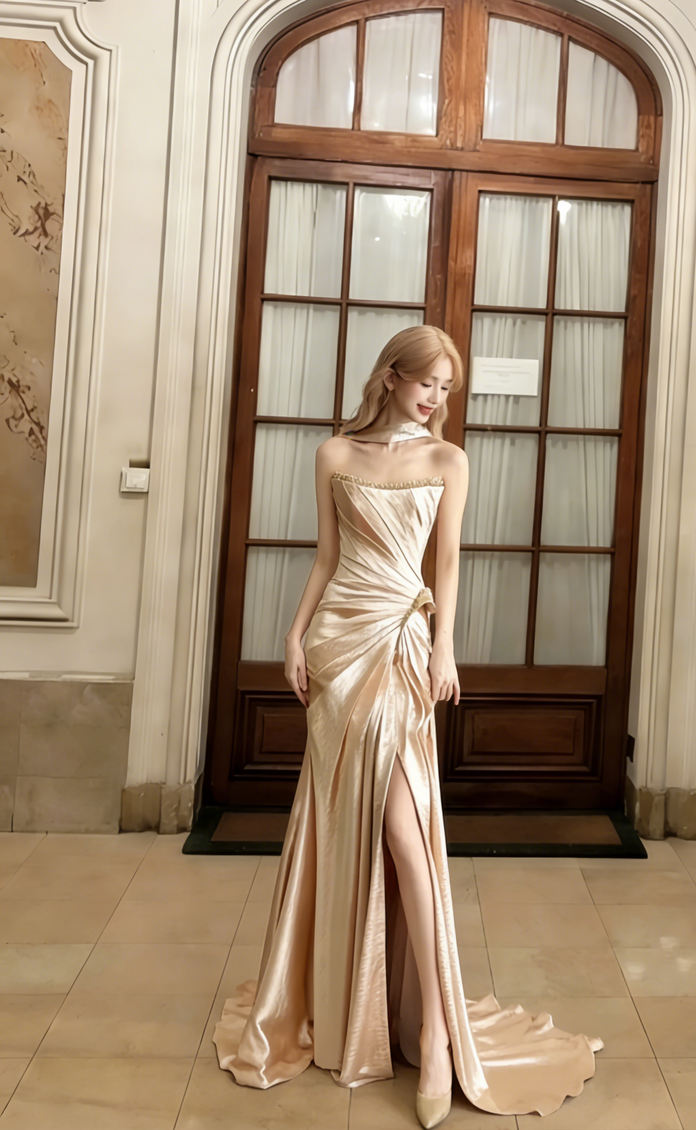 Robe de bal longue sirène plissée sans bretelles en satin fendue, robe de soirée C6759