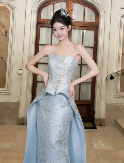 Magnifique robe de bal longue sirène bustier en satin, robe de soirée C6760