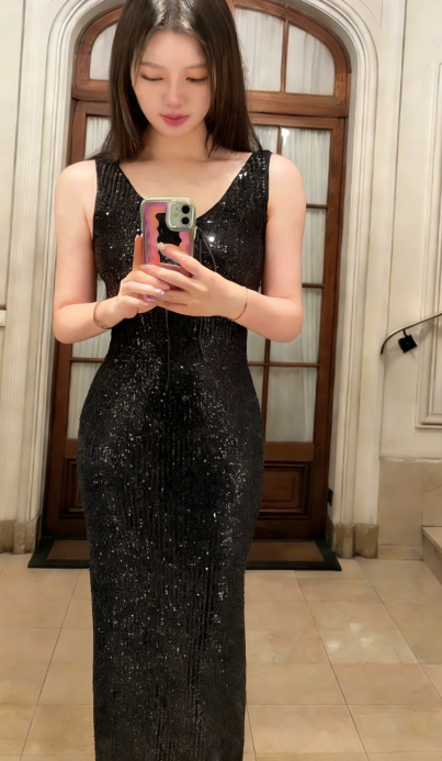 Shiny Mermaid Black V Neck Sequin Long Prom Dress, Evening Dress C6761
