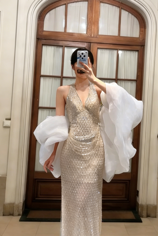 Sparkly Mermaid Halter Tulle Sequin Long Prom Dress, Evening Dress C6763