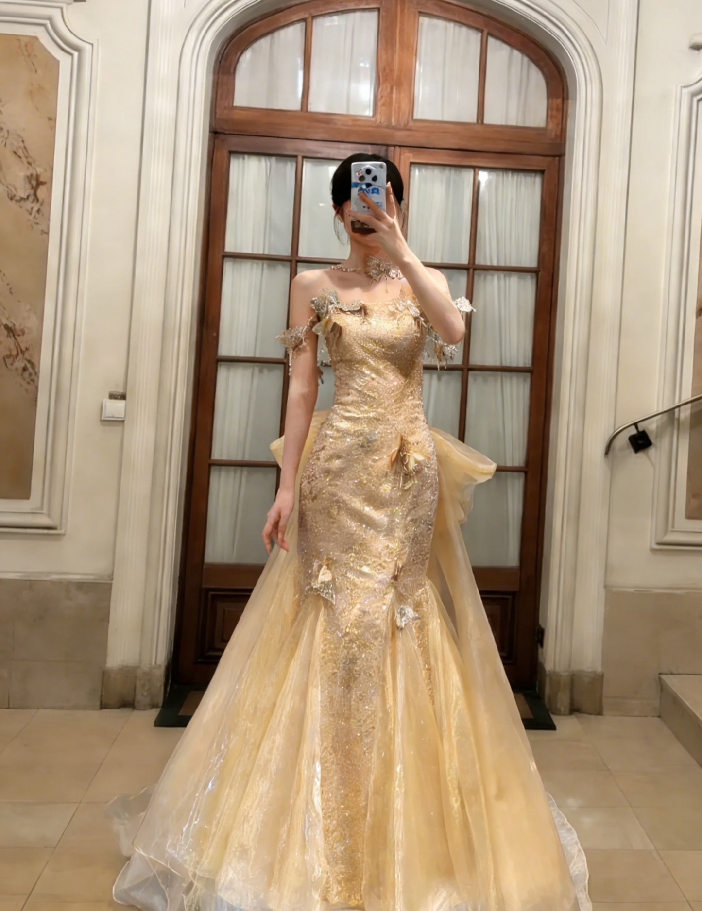 Gorgeous Mermaid Gold Off The Shoulder Tulle Sequin Long Prom Dress, Evening Dress C6765
