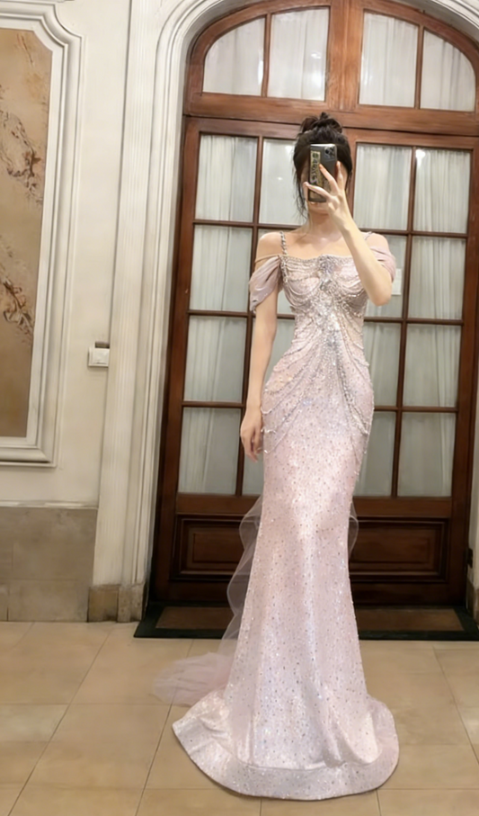 Gorgeous Mermaid Off The Shoulder Tulle Sequin Beads Long Prom Dress, Evening Dress C6767