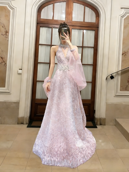 Princess A Line Halter Pink Tulle Sequin Long Prom Dress, Evening Dress C6768
