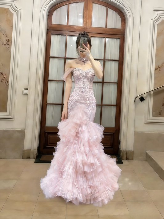 Charming Mermaid Off The Shoulder Pink Tulle Sequin Long Prom Dress, Evening Dress C6769