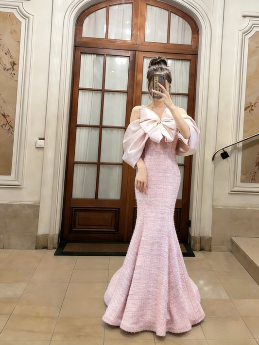 Sweet Mermaid Off The Shoulder Pink Satin Long Prom Dress, Evening Dress C6770