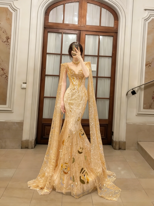 Glamorous Gold Mermaid Tulle Sequin With Cape Long Prom Dress, Evening Dress C6772