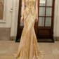 Obsessed Gold Mermaid Halter Tulle Sequin Long Prom Dress, Evening Dress C6774