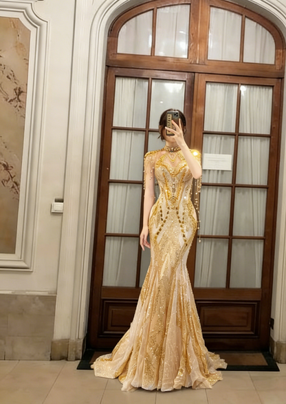 Obsessed Gold Mermaid Halter Tulle Sequin Long Prom Dress, Evening Dress C6774