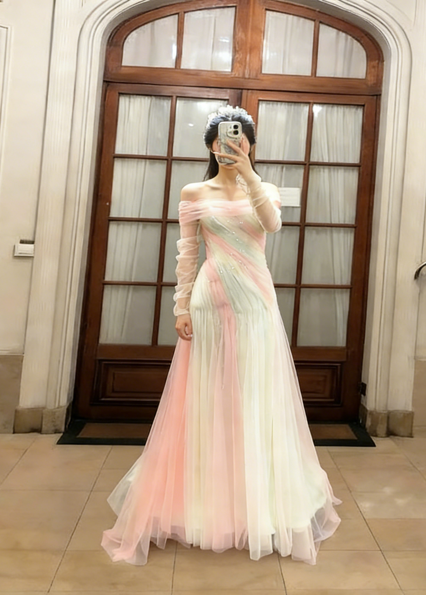 Fairl A Line Off The Shoulder Tulle Long Sleeves Long Prom Dress, Evening Dress C6776