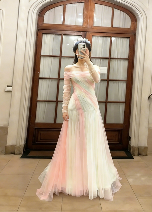 Fairl A Line Off The Shoulder Tulle Long Sleeves Long Prom Dress, Evening Dress C6776