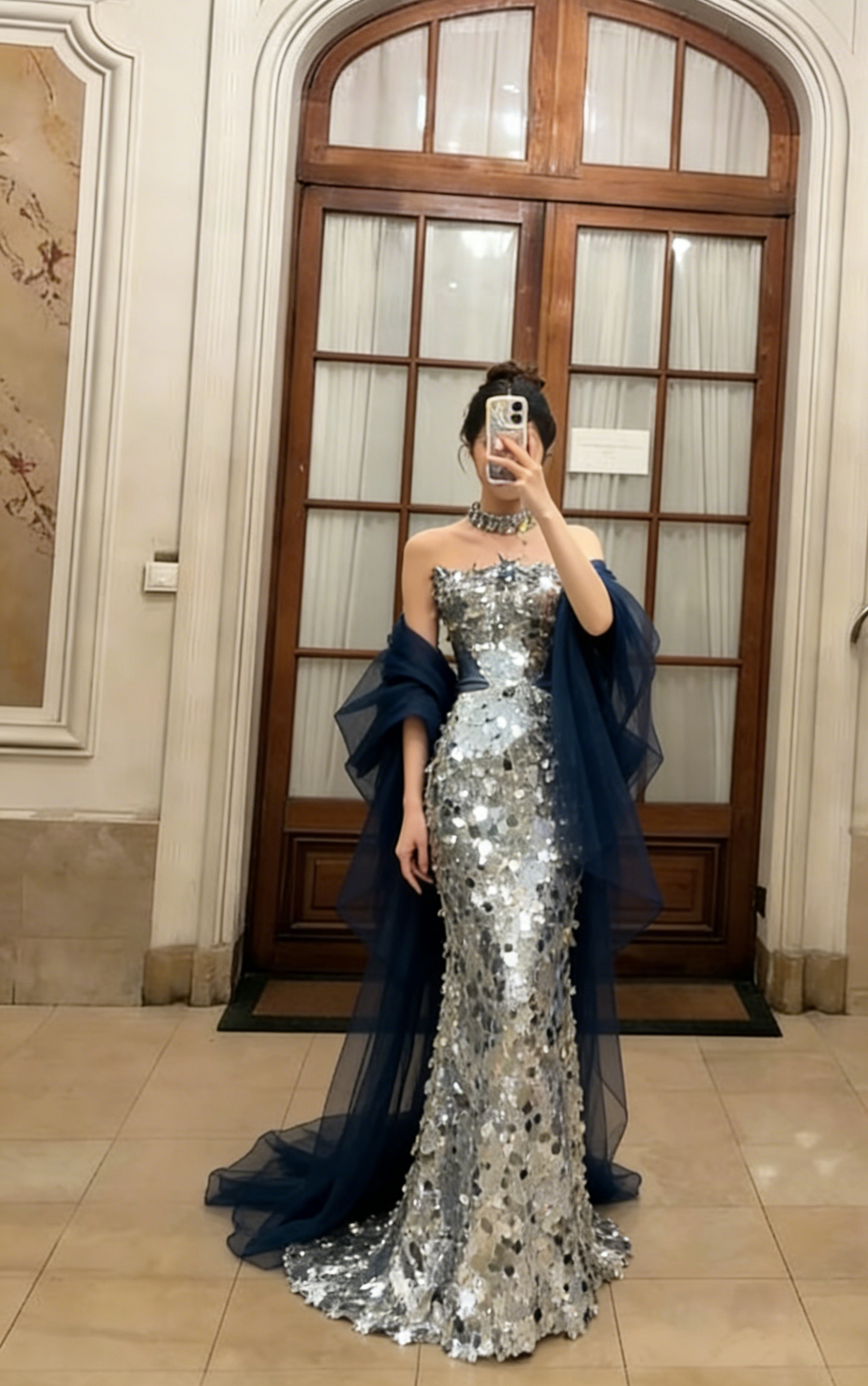 Sparkly Silver Mermaid Strapless Sequin Long Prom Dress, Evening Dress C6780