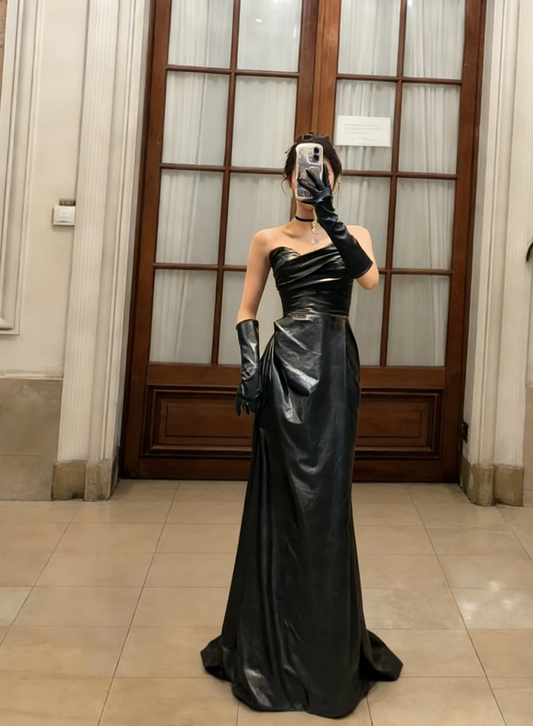Chic Black Mermaid Strapless With Gloves Long Prom Dress, Evening Dress C6781