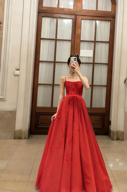 Red A Line Spaghetti Straps Satin Long Prom Dress, Evening Dress C6783