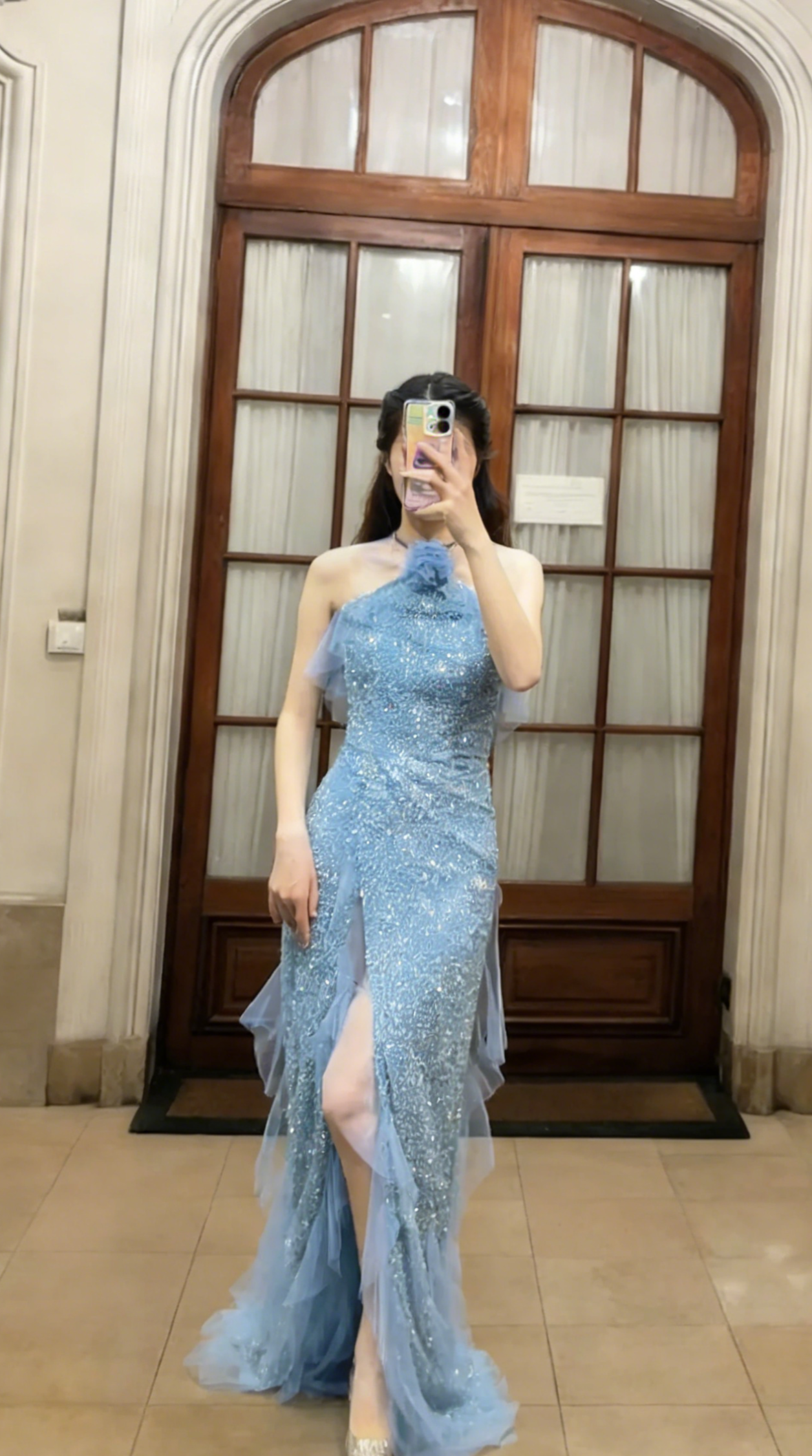 Sparkly Mermaid Halter Tulle Sequin Slit Long Prom Dress, Evening Dress C6784