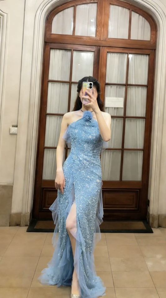 Sparkly Mermaid Halter Tulle Sequin Slit Long Prom Dress, Evening Dress C6784