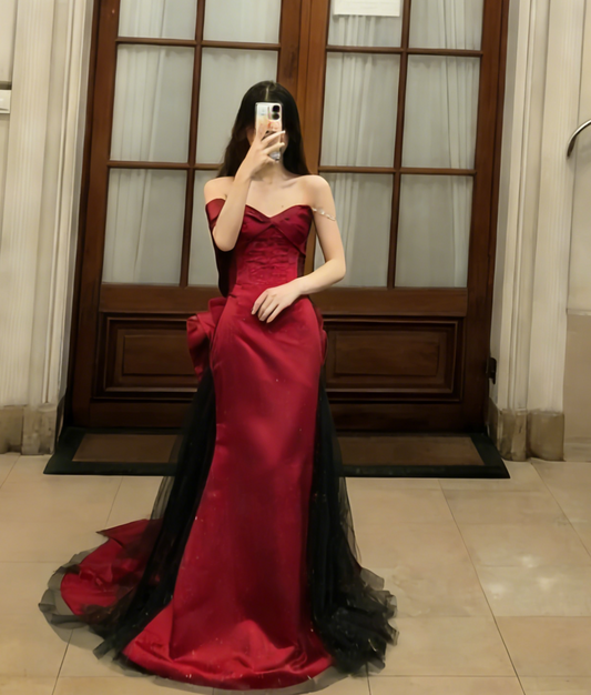 Robe de bal longue sirène bordeaux en satin et tulle à épaules dénudées, robe de soirée C6787