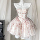 Vintage Pink Rose Print Strapless Homecoming Dress 19th Birthday Outfits C679