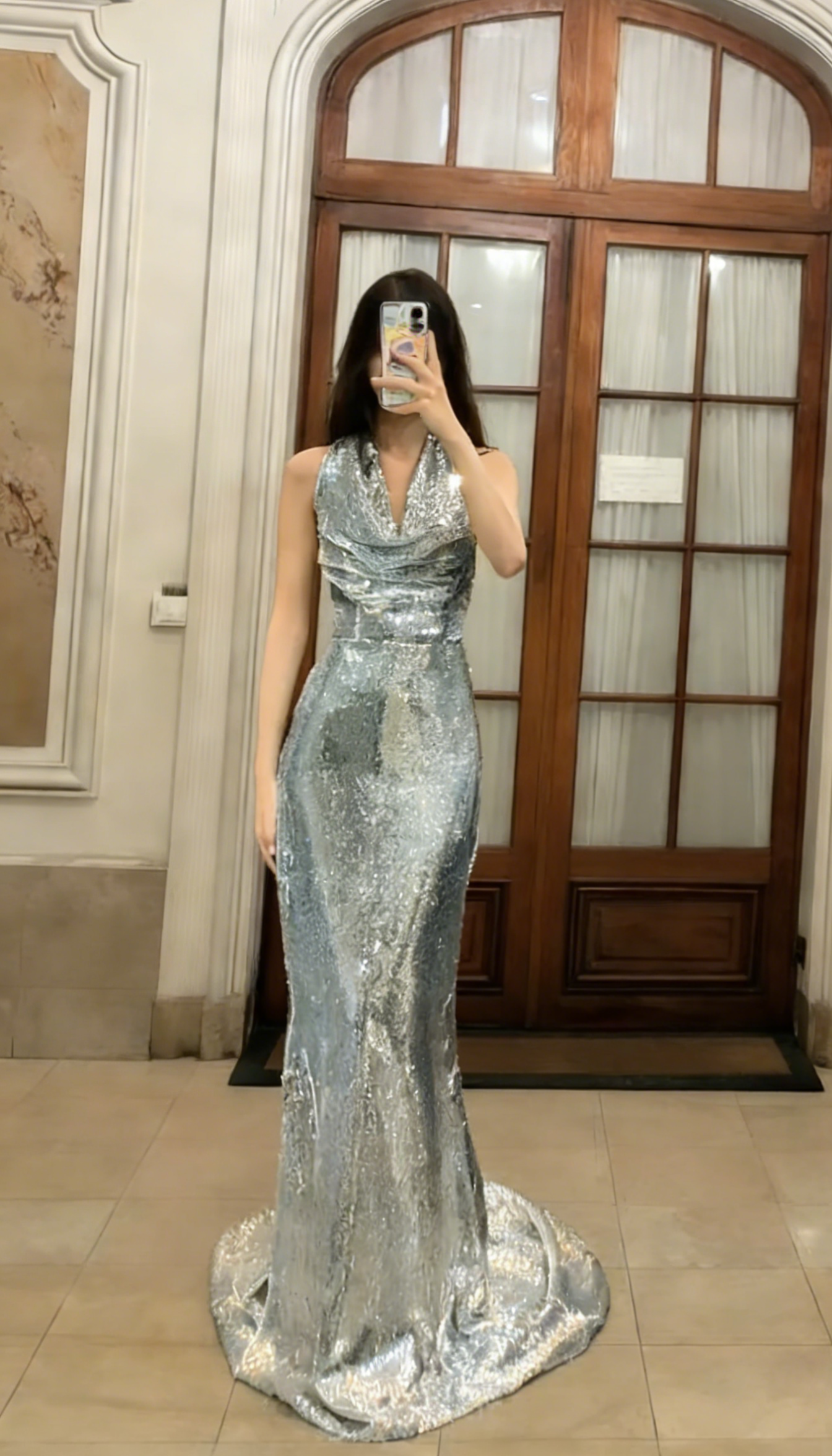 Robe de bal longue sirène à paillettes argentées dos nu, robe de soirée C6791