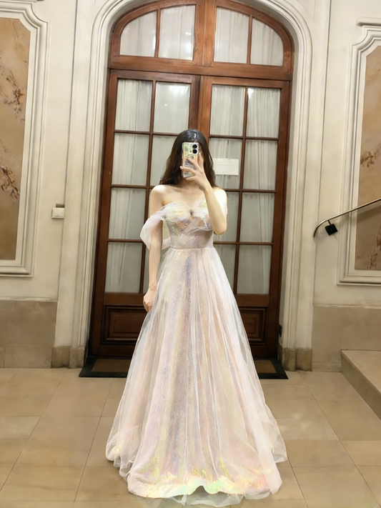 Robe de bal longue en tulle à épaules dénudées et coupe trapèze, référence C6792