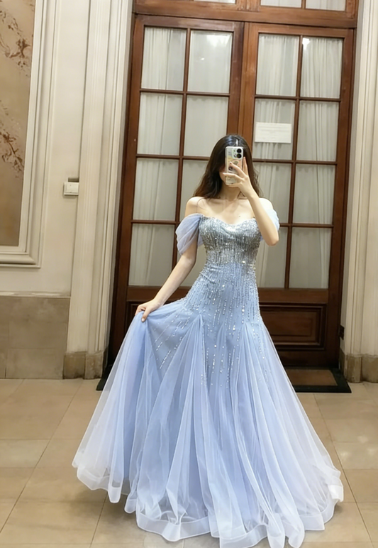 Robe de bal longue princesse en tulle à sequins et épaules dénudées, coupe trapèze, référence C6794